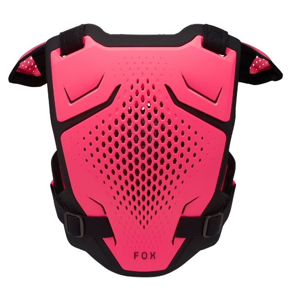 Fox Racing R3 Chest Guard (Youth) in Pink, close-up of the side buckle and molded rib panel, with perforated molded chest and back plates, shoulder caps, side coverage, adjustable buckles, and centered Fox logo. Available options—Color: Black, White, Pink.