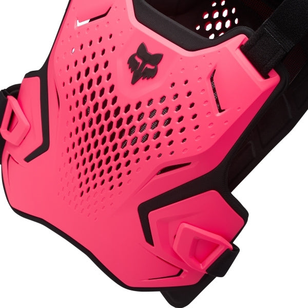 Fox Racing R3 Chest Guard (Youth) in Pink, front view, with perforated molded chest and back plates, shoulder caps, side coverage, adjustable buckles, and centered Fox logo. Available options—Color: Black, White, Pink.