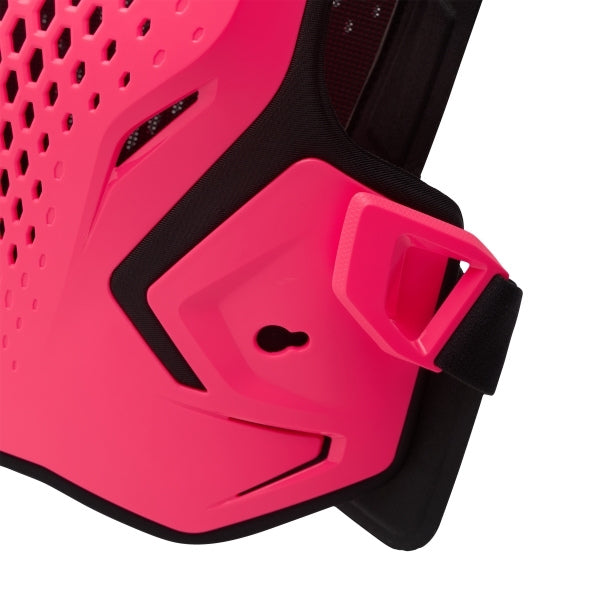 Fox Racing R3 Chest Guard (Youth) in Pink, rear view, with perforated molded chest and back plates, shoulder caps, side coverage, adjustable buckles, and centered Fox logo. Available options—Color: Black, White, Pink.