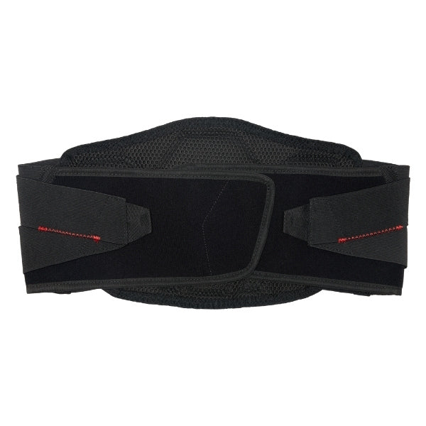Fox Racing Titan Sport Belt in Black, rear interior view, with the wide hook-and-loop waist straps, molded lumbar support panels, perforations, and mesh lining. Available options—Color: Black; Size: SM/MD, LG/XL, 2X/3X. SKU 40596-001-L/XL. UPC 198571122907.