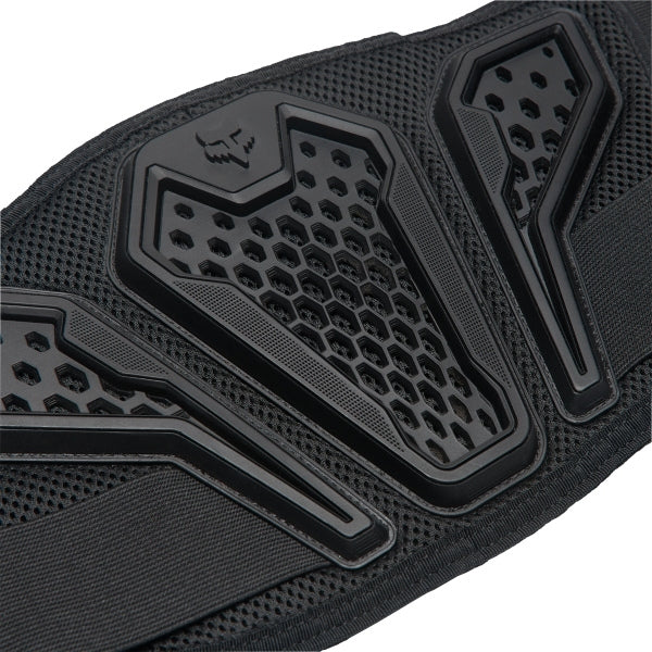 Fox Racing Titan Sport Belt in Black, close-up of the molded support panel, with the wide hook-and-loop waist straps, molded lumbar support panels, perforations, and mesh lining. Available options—Color: Black; Size: SM/MD, LG/XL, 2X/3X. SKU 40596-001-2X/3X. UPC 198571122914.
