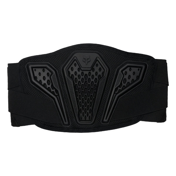 Fox Racing Titan Sport Belt (Youth) in Black, front exterior view, with the wide hook-and-loop waist straps, molded lumbar support panels, perforations, and mesh lining. Available options—Color: Black. SKU 40597-001-OS. UPC 198571122921.