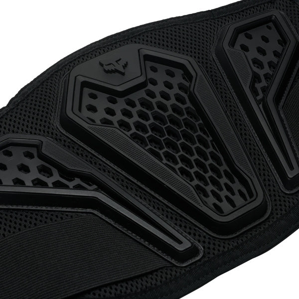 Fox Racing Titan Sport Belt (Youth) in Black, close-up of the molded support panel, with the wide hook-and-loop waist straps, molded lumbar support panels, perforations, and mesh lining. Available options—Color: Black.