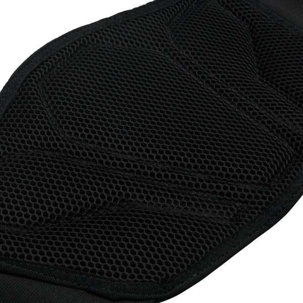 Fox Racing Titan Sport Belt (Youth) in Black, close-up of the ventilated mesh lining, with the wide hook-and-loop waist straps, molded lumbar support panels, perforations, and mesh lining. Available options—Color: Black.