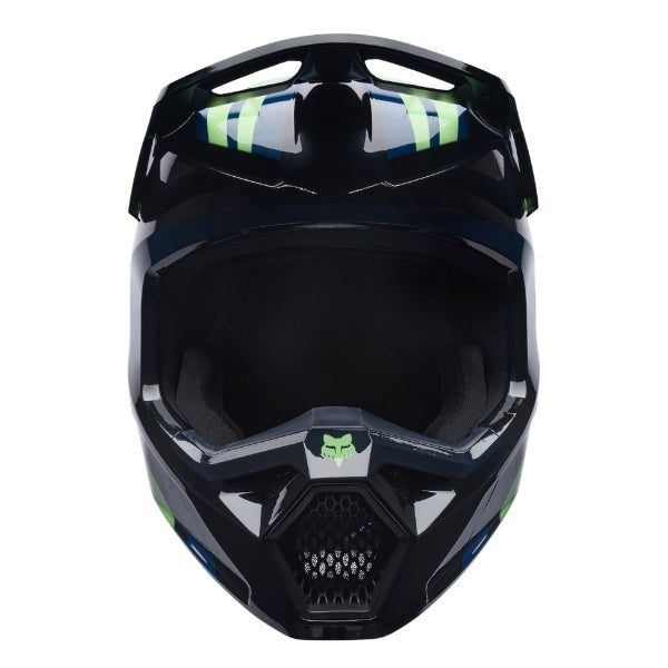 Fox Racing V1 Draft Helmet in Black, front view, with the visor, wide goggle opening, vented chin bar, and brow vents centered in the frame. Available options—Color: White, Black, Sunburst; Size: XS, SM, MD, LG, XL, 2X. SKU 40609-001-M. UPC 198571121610.