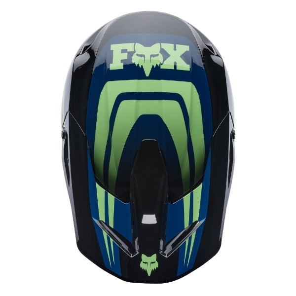 Fox Racing V1 Draft Helmet in Black, top view, with the visor tip, crown vents, shell graphics, and central Fox logo. Available options—Color: White, Black, Sunburst; Size: XS, SM, MD, LG, XL, 2X. SKU 40609-001-XL. UPC 198571121634.