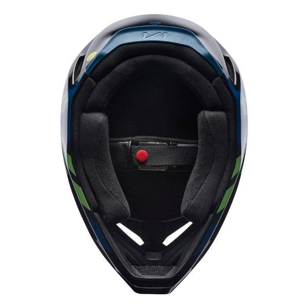 Fox Racing V1 Draft Helmet in Black, underside view of the interior padding and chin opening, with the padded crown liner, cheek pads, chin opening, and retention-strap area exposed. Available options—Color: White, Black, Sunburst; Size: XS, SM, MD, LG, XL, 2X. SKU 40609-001-2X. UPC 198571121641.