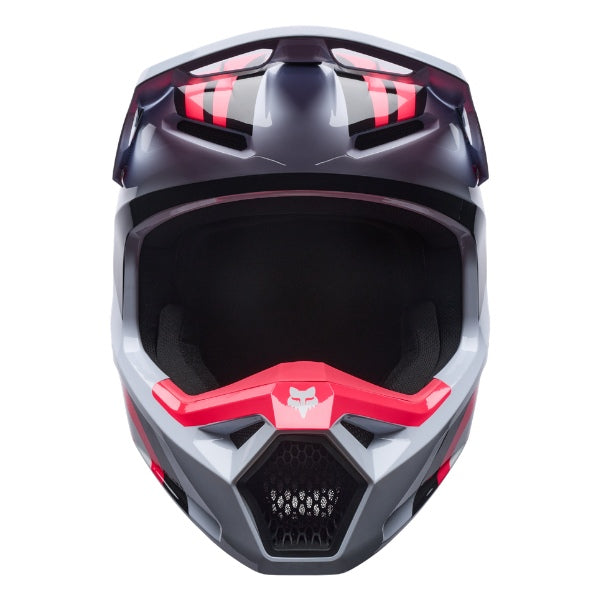 Fox Racing V1 Draft Helmet in White, front view, with the visor, wide goggle opening, vented chin bar, and brow vents centered in the frame. Available options—Color: White, Black, Sunburst; Size: XS, SM, MD, LG, XL, 2X. SKU 40609-008-M. UPC 198571132104.