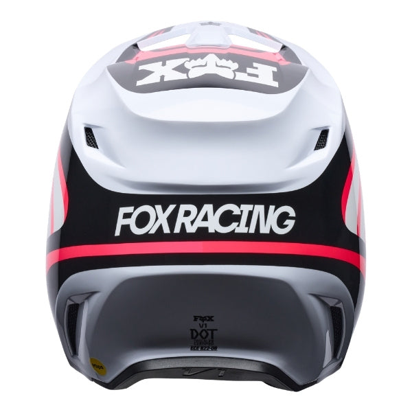 Fox Racing V1 Draft Helmet in White, rear view, with the rear shell vents, lower neck opening, molded shell ribs, and Fox lettering. Available options—Color: White, Black, Sunburst; Size: XS, SM, MD, LG, XL, 2X. SKU 40609-008-L. UPC 198571132111.