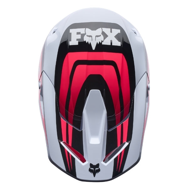 Fox Racing V1 Draft Helmet in White, top view, with the visor tip, crown vents, shell graphics, and central Fox logo. Available options—Color: White, Black, Sunburst; Size: XS, SM, MD, LG, XL, 2X. SKU 40609-008-XL. UPC 198571132128.