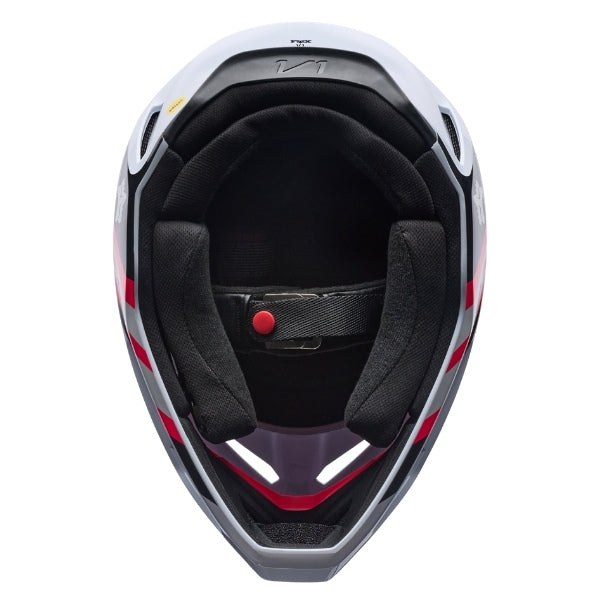 Fox Racing V1 Draft Helmet in White, underside view of the interior padding and chin opening, with the padded crown liner, cheek pads, chin opening, and retention-strap area exposed. Available options—Color: White, Black, Sunburst; Size: XS, SM, MD, LG, XL, 2X. SKU 40609-008-2X. UPC 198571132135.