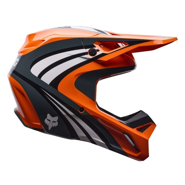 Fox Racing V1 Draft Helmet in Sunburst, right-side profile, with the extended visor, open face port, angular chin bar, side vents, and Fox graphics. Available options—Color: White, Black, Sunburst; Size: XS, SM, MD, LG, XL, 2X. SKU 40609-460-S. UPC 198571131510.