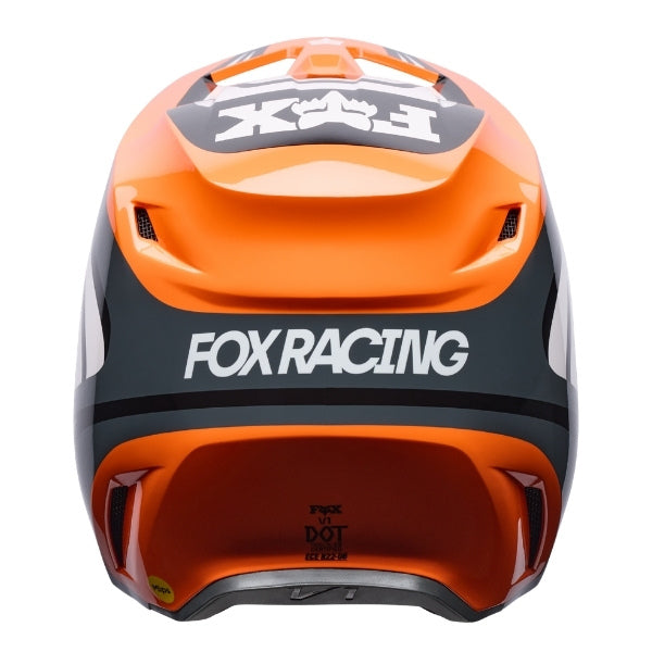 Fox Racing V1 Draft Helmet in Sunburst, rear view, with the rear shell vents, lower neck opening, molded shell ribs, and Fox lettering. Available options—Color: White, Black, Sunburst; Size: XS, SM, MD, LG, XL, 2X. SKU 40609-460-L. UPC 198571131534.