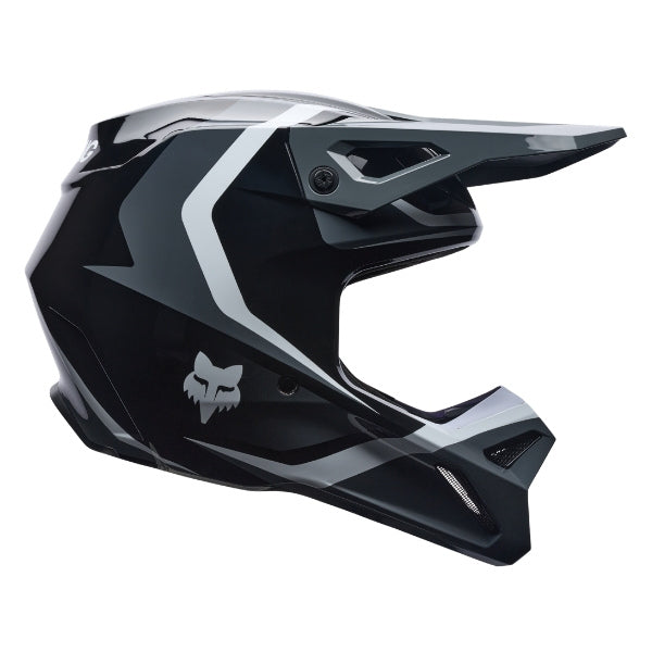 Fox Racing V1 Frame Helmet in Black, right-side profile, with the extended visor, open face port, angular chin bar, side vents, and Fox graphics. Available options—Color: Black, Blue, Grey/Yellow, Neon Pink, Red; Size: XS, SM, MD, LG, XL, 2X. SKU 40615-001-S. UPC 198571121665.