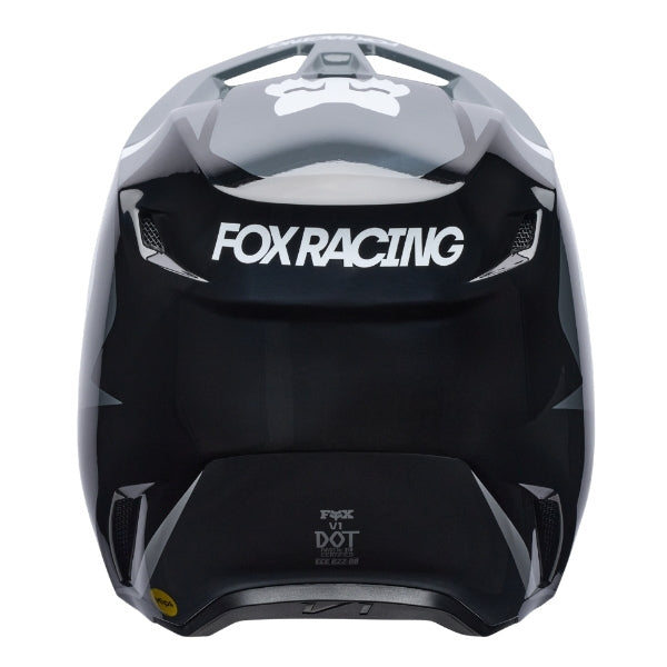 Fox Racing V1 Frame Helmet in Black, rear view, with the rear shell vents, lower neck opening, molded shell ribs, and Fox lettering. Available options—Color: Black, Blue, Grey/Yellow, Neon Pink, Red; Size: XS, SM, MD, LG, XL, 2X. SKU 40615-001-L. UPC 198571121689.