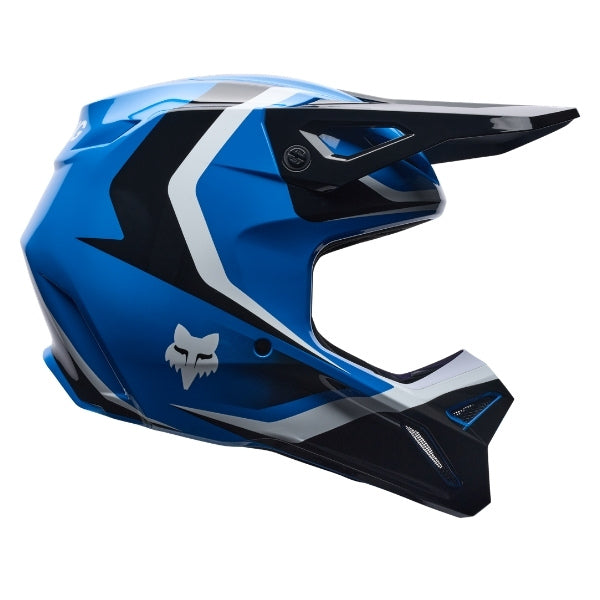 Fox Racing V1 Frame Helmet in Blue, right-side profile, with the extended visor, open face port, angular chin bar, side vents, and Fox graphics. Available options—Color: Black, Blue, Grey/Yellow, Neon Pink, Red; Size: XS, SM, MD, LG, XL, 2X. SKU 40615-002-S. UPC 198571123843.