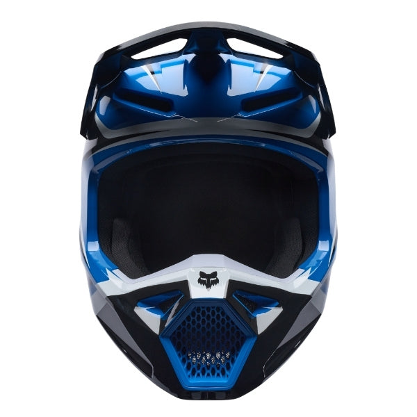 Fox Racing V1 Frame Helmet in Blue, front view, with the visor, wide goggle opening, vented chin bar, and brow vents centered in the frame. Available options—Color: Black, Blue, Grey/Yellow, Neon Pink, Red; Size: XS, SM, MD, LG, XL, 2X. SKU 40615-002-M. UPC 198571123850.