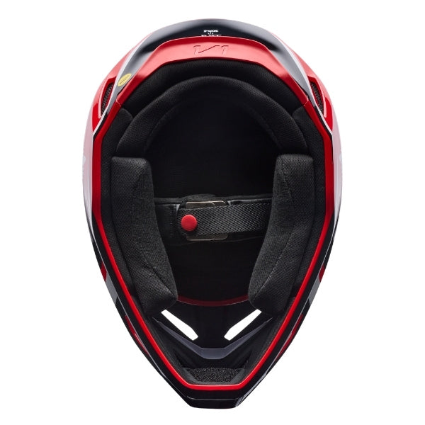 Fox Racing V1 Frame Helmet in Red, underside view of the interior padding and chin opening, with the padded crown liner, cheek pads, chin opening, and retention-strap area exposed. Available options—Color: Black, Blue, Grey/Yellow, Neon Pink, Red; Size: XS, SM, MD, LG, XL, 2X. SKU 40615-003-2X. UPC 198571130094.