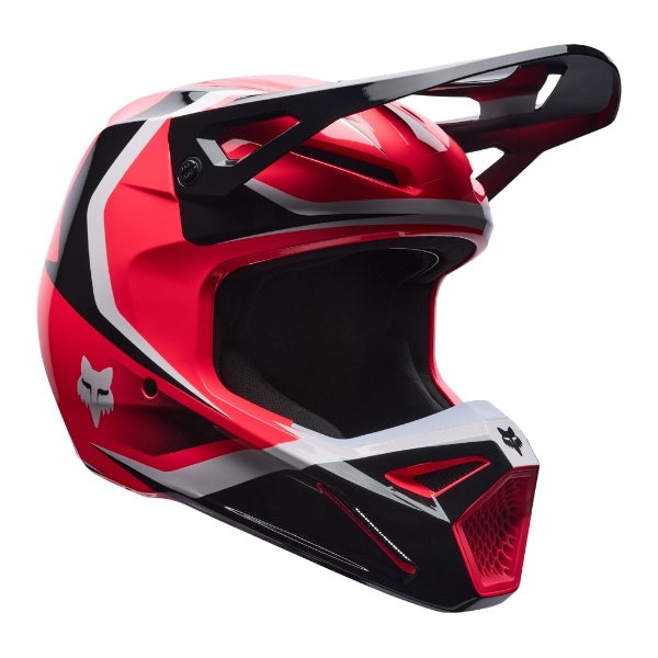 Fox Racing V1 Frame Helmet in Neon Pink, left-side profile, with the extended visor, open face port, angular chin bar, side vents, and Fox graphics. Available options—Color: Black, Blue, Grey/Yellow, Neon Pink, Red; Size: XS, SM, MD, LG, XL, 2X. SKU 40615-065-XS. UPC 198571127889.