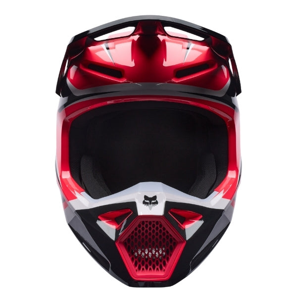 Fox Racing V1 Frame Helmet in Neon Pink, front view, with the visor, wide goggle opening, vented chin bar, and brow vents centered in the frame. Available options—Color: Black, Blue, Grey/Yellow, Neon Pink, Red; Size: XS, SM, MD, LG, XL, 2X. SKU 40615-065-M. UPC 198571127902.