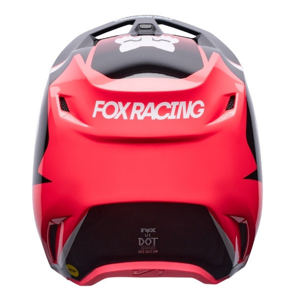 Fox Racing V1 Frame Helmet in Neon Pink, rear view, with the rear shell vents, lower neck opening, molded shell ribs, and Fox lettering. Available options—Color: Black, Blue, Grey/Yellow, Neon Pink, Red; Size: XS, SM, MD, LG, XL, 2X. SKU 40615-065-L. UPC 198571127919.