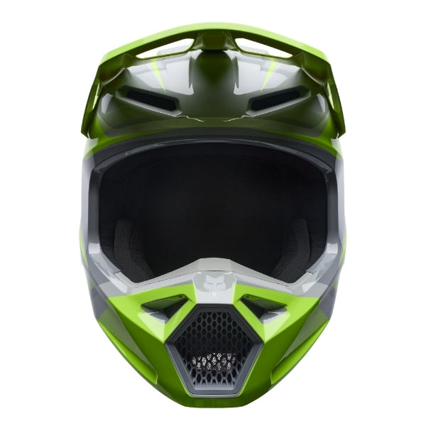 Fox Racing V1 Frame Helmet in Grey/Yellow, front view, with the visor, wide goggle opening, vented chin bar, and brow vents centered in the frame. Available options—Color: Black, Blue, Grey/Yellow, Neon Pink, Red; Size: XS, SM, MD, LG, XL, 2X. SKU 40615-086-M. UPC 198571125915.