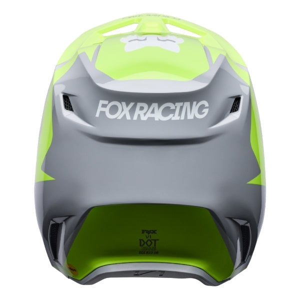 Fox Racing V1 Frame Helmet in Grey/Yellow, rear view, with the rear shell vents, lower neck opening, molded shell ribs, and Fox lettering. Available options—Color: Black, Blue, Grey/Yellow, Neon Pink, Red; Size: XS, SM, MD, LG, XL, 2X. SKU 40615-086-L. UPC 198571125922.