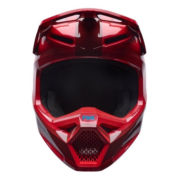 Fox Racing V1 Raid Helmet in Rust, front view, with the visor, wide goggle opening, vented chin bar, and brow vents centered in the frame. Available options—Color: Rust, Purple Lava, Emerald; Size: XS, SM, MD, LG, XL, 2X. SKU 40616-180-M. UPC 198571130766.