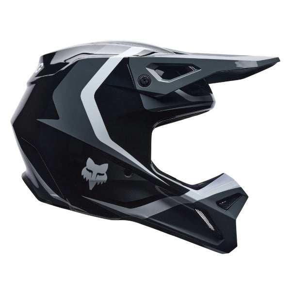 Fox Racing V1 Frame Helmet (Youth) in Black, right-side profile, with the extended visor, open face port, angular chin bar, side vents, and Fox graphics. Available options—Color: Black, Neon Pink, Blue, Grey/Yellow, Red; Size: Y-SM, Y-MD, Y-LG. SKU 40617-001-YM. UPC 198571121726.