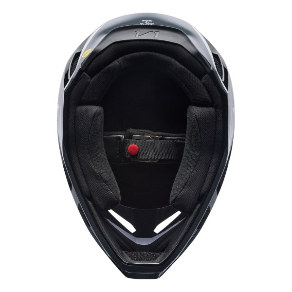 Fox Racing V1 Frame Helmet (Youth) in Neon Pink, front view, with the visor, wide goggle opening, vented chin bar, and brow vents centered in the frame. Available options—Color: Black, Neon Pink, Blue, Grey/Yellow, Red; Size: Y-SM, Y-MD, Y-LG. SKU 40617-065-YL. UPC 198571127964.