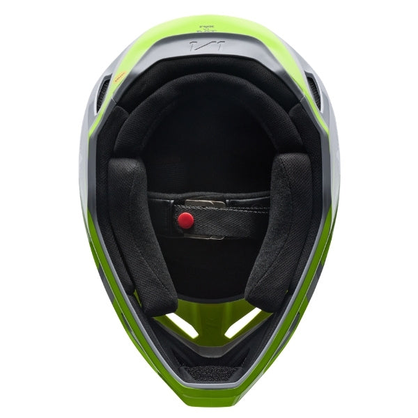 Fox Racing V1 Frame Helmet (Youth) in Red, top view, with the visor tip, crown vents, shell graphics, and central Fox logo. Available options—Color: Black, Neon Pink, Blue, Grey/Yellow, Red; Size: Y-SM, Y-MD, Y-LG.