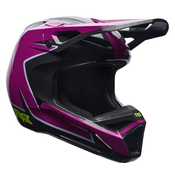 Fox Racing V1 Raid Helmet (Youth) in Purple Lava, rear view, with the rear shell vents, lower neck opening, molded shell ribs, and Fox lettering. Available options—Color: Rust, Purple Lava; Size: Y-SM, Y-MD, Y-LG.