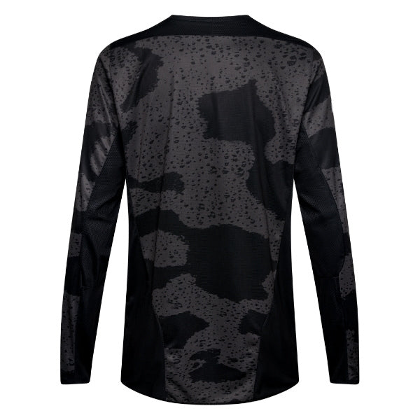 Fox Racing 180 BNKR Jersey in Black Camo, rear product view, with the back graphic, shoulder panels, long sleeves, and drop-tail hem. Available options—Color: Black Camo; Size: XS, SM, MD, LG, XL, 2X. SKU 40649-247-S. UPC 198571123317.