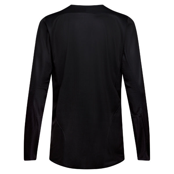 Fox Racing 180 Blackout Jersey in Black, rear product view, with the back graphic, shoulder panels, long sleeves, and drop-tail hem. Available options—Color: Black; Size: XS, SM, MD, LG, XL, 2X, 3X. SKU 40650-001-S. UPC 198571122839.