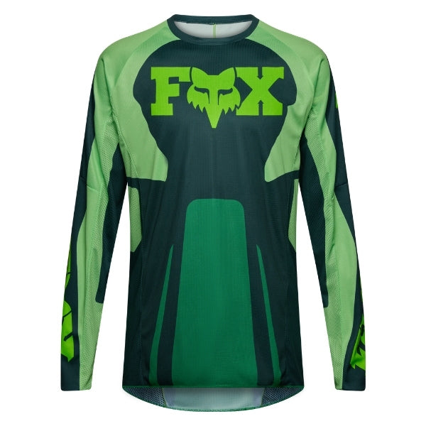 Fox Racing 180 Raid Jersey in Deep Fern, front product view, with the crew neck, long sleeves, large Fox chest graphic, contrasting arm panels, and curved drop-tail hem. Available options—Color: Rust, Purple Lava, Deep Fern; Size: XS, SM, MD, LG, XL, 2X. SKU 40655-D10-XS. UPC 198571125007.