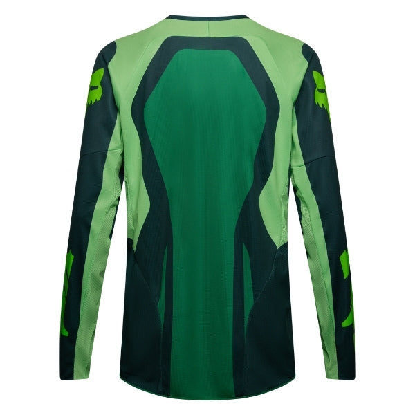 Fox Racing 180 Raid Jersey in Deep Fern, rear product view, with the back graphic, shoulder panels, long sleeves, and drop-tail hem. Available options—Color: Rust, Purple Lava, Deep Fern; Size: XS, SM, MD, LG, XL, 2X. SKU 40655-D10-S. UPC 198571125014.