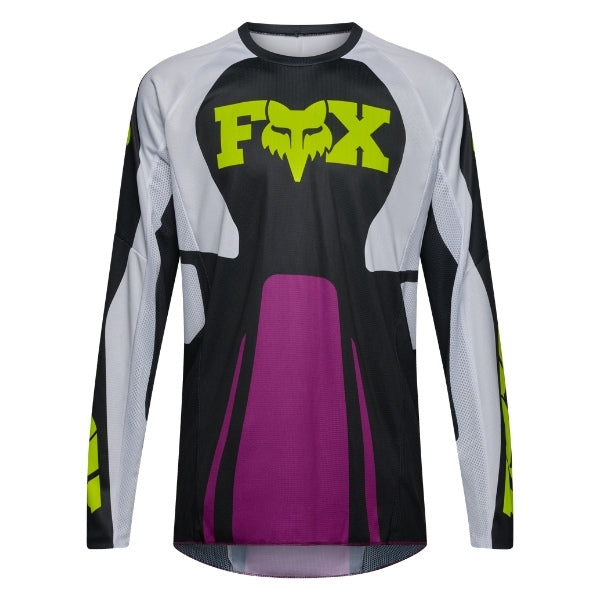 Fox Racing 180 Raid Jersey in Purple Lava, front product view, with the crew neck, long sleeves, large Fox chest graphic, contrasting arm panels, and curved drop-tail hem. Available options—Color: Rust, Purple Lava, Deep Fern; Size: XS, SM, MD, LG, XL, 2X. SKU 40655-E07-XS. UPC 198571129227.