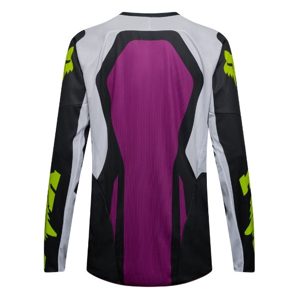 Fox Racing 180 Raid Jersey in Purple Lava, rear product view, with the back graphic, shoulder panels, long sleeves, and drop-tail hem. Available options—Color: Rust, Purple Lava, Deep Fern; Size: XS, SM, MD, LG, XL, 2X. SKU 40655-E07-S. UPC 198571129234.