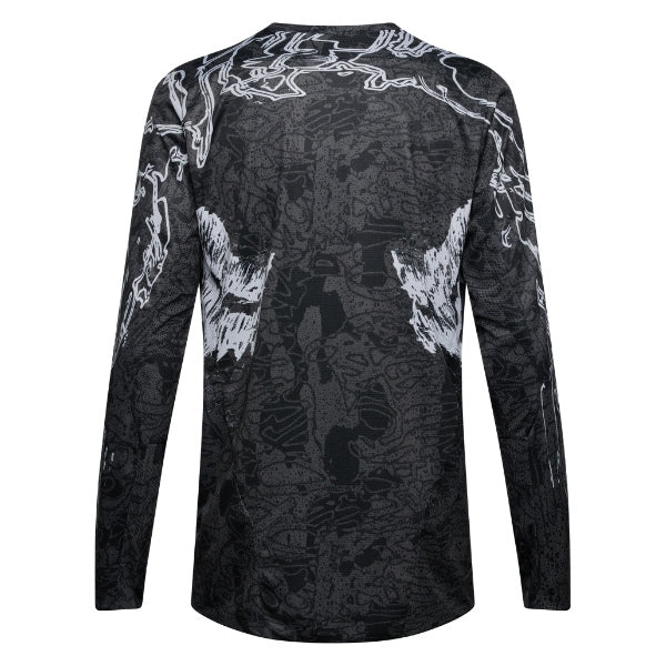 Fox Racing 180 Abyss Jersey in Black, rear product view, with the back graphic, shoulder panels, long sleeves, and drop-tail hem. Available options—Color: Black; Size: XS, SM, MD, LG, XL, 2X. SKU 40656-001-S. UPC 198571122273.