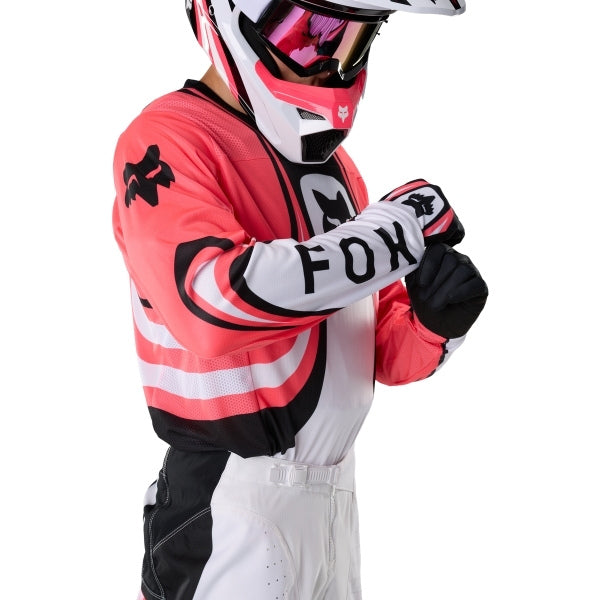Fox Racing 180 Draft Jersey in White, close-up of the chest and shoulder panels, with the printed Fox artwork, mesh-knit texture, reinforced seam lines, and shaped cuff or hem. Available options—Color: White, Black, Sunburst; Size: XS, SM, MD, LG, XL, 2X. SKU 40657-008-L. UPC 198571132333.