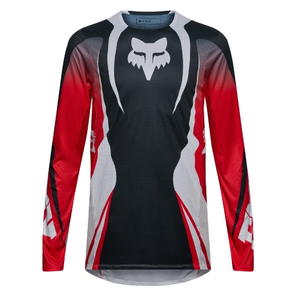 Fox Racing Flexair Thorn Jersey in Red, modeled front three-quarter view, with the crew neck, long sleeves, contrasting shoulder and arm graphics, and extended rear hem on a rider. Available options—Color: Black/White, Purple Lava, Red; Size: SM, MD, LG, XL, 2X. SKU 40658-003-L. UPC 198571130193.