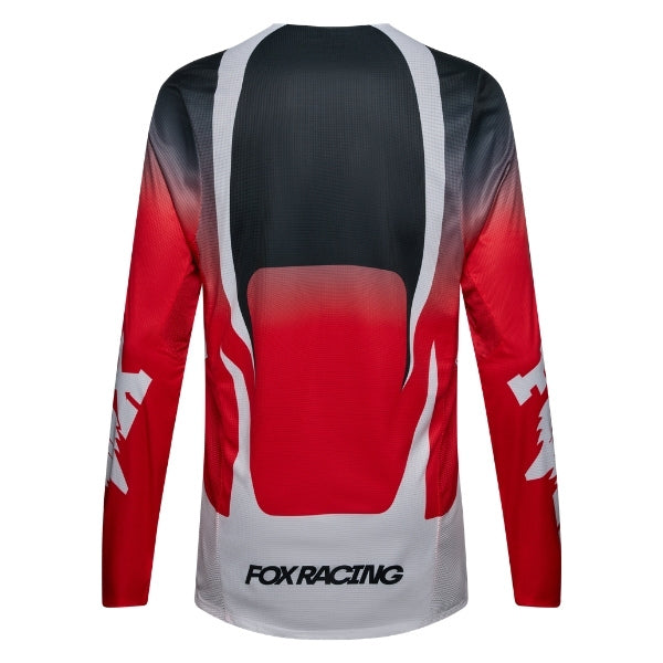 Fox Racing Flexair Thorn Jersey in Red, close-up of the chest and shoulder panels, with the printed Fox artwork, mesh-knit texture, reinforced seam lines, and shaped cuff or hem. Available options—Color: Black/White, Purple Lava, Red; Size: SM, MD, LG, XL, 2X. SKU 40658-003-XL. UPC 198571130209.