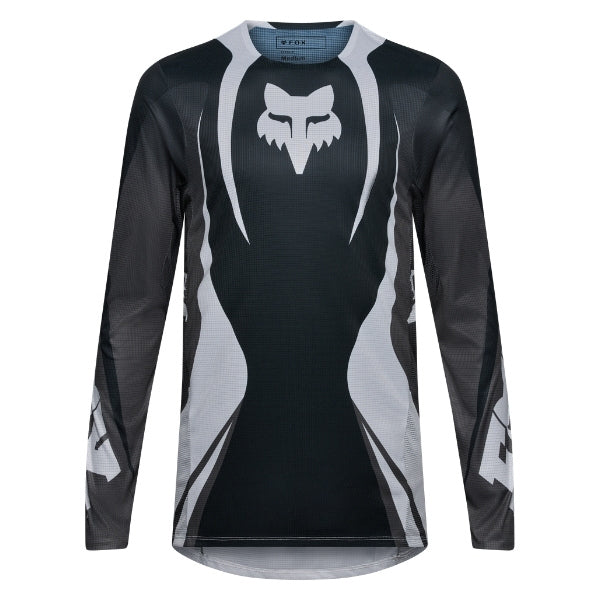Fox Racing Flexair Thorn Jersey in Black/White, front product view, with the crew neck, long sleeves, large Fox chest graphic, contrasting arm panels, and curved drop-tail hem. Available options—Color: Black/White, Purple Lava, Red; Size: SM, MD, LG, XL, 2X. SKU 40658-018-S. UPC 198571123720.