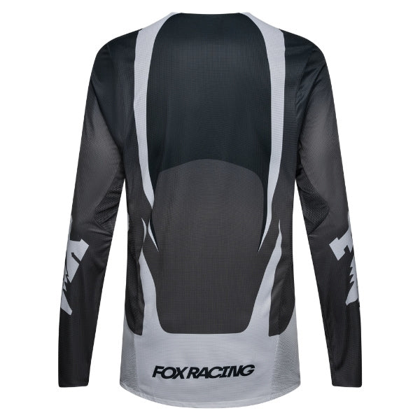 Fox Racing Flexair Thorn Jersey in Black/White, rear product view, with the back graphic, shoulder panels, long sleeves, and drop-tail hem. Available options—Color: Black/White, Purple Lava, Red; Size: SM, MD, LG, XL, 2X. SKU 40658-018-M. UPC 198571123737.