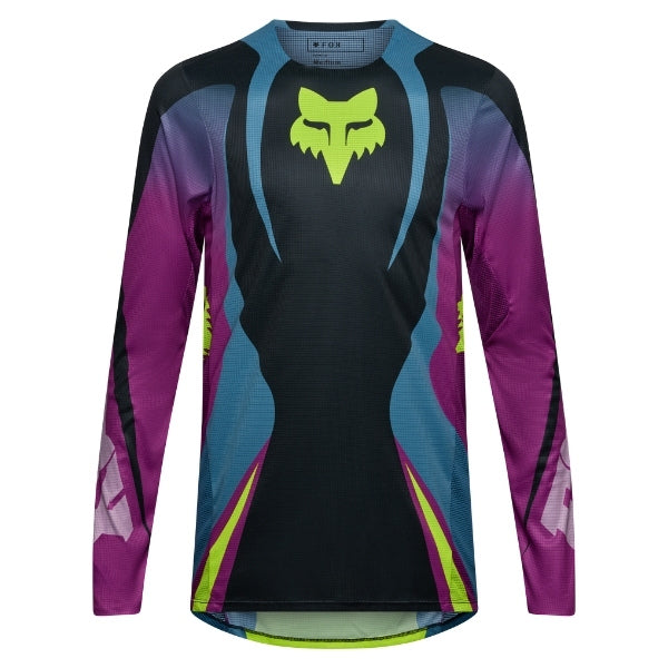 Fox Racing Flexair Thorn Jersey in Purple Lava, rear product view, with the back graphic, shoulder panels, long sleeves, and drop-tail hem. Available options—Color: Black/White, Purple Lava, Red; Size: SM, MD, LG, XL, 2X. SKU 40658-E07-M. UPC 198571129357.