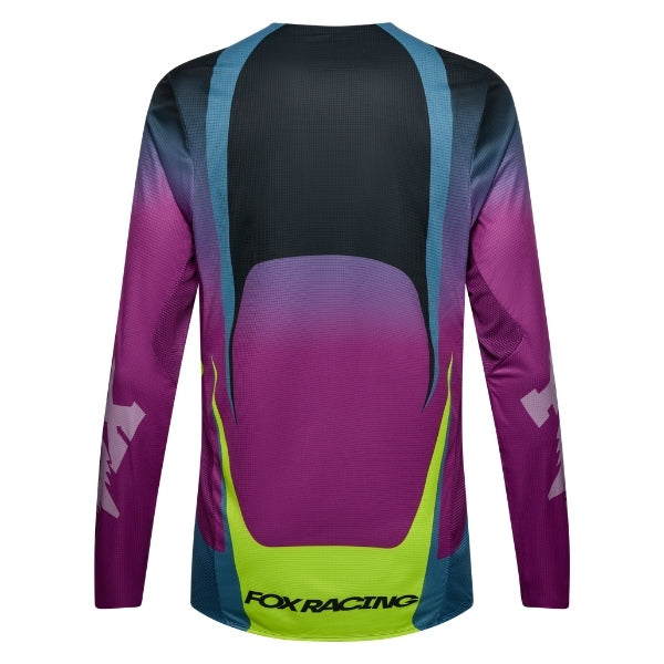 Fox Racing Flexair Thorn Jersey in Purple Lava, modeled front three-quarter view, with the crew neck, long sleeves, contrasting shoulder and arm graphics, and extended rear hem on a rider. Available options—Color: Black/White, Purple Lava, Red; Size: SM, MD, LG, XL, 2X. SKU 40658-E07-L. UPC 198571129364.