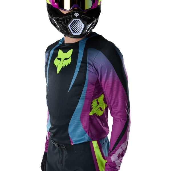 Fox Racing Flexair Thorn Jersey in Purple Lava, close-up of the chest and shoulder panels, with the printed Fox artwork, mesh-knit texture, reinforced seam lines, and shaped cuff or hem. Available options—Color: Black/White, Purple Lava, Red; Size: SM, MD, LG, XL, 2X. SKU 40658-E07-XL. UPC 198571129371.