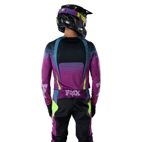 Fox Racing Flexair Thorn Jersey in Red, rear product view, with the back graphic, shoulder panels, long sleeves, and drop-tail hem. Available options—Color: Black/White, Purple Lava, Red; Size: SM, MD, LG, XL, 2X. SKU 40658-003-M. UPC 198571130186.