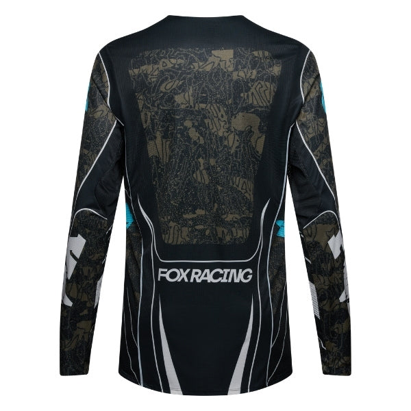 Fox Racing Flexair Apex Jersey in Black, rear product view, with the back graphic, shoulder panels, long sleeves, and drop-tail hem. Available options—Color: Black; Size: SM, MD, LG, XL, 2X. SKU 40660-001-M. UPC 198571133538.