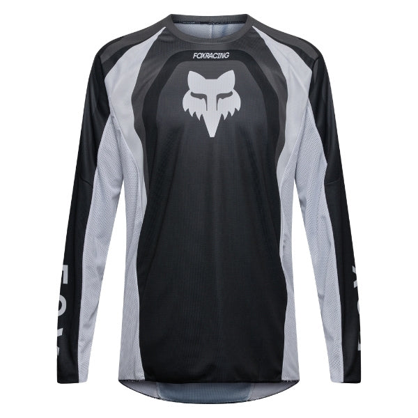 Fox Racing 180 Frame Jersey in Black, front product view, with the crew neck, long sleeves, large Fox chest graphic, contrasting arm panels, and curved drop-tail hem. Available options—Color: Blue, Grey/Yellow, Black, Red; Size: XS, SM, MD, LG, XL, 2X, 3X. SKU 40665-001-XS. UPC 198571122198.